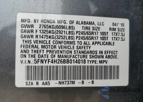 2011 Honda Pilot Lx from USA, damaged, VIN 5FNYF4H26BB014018